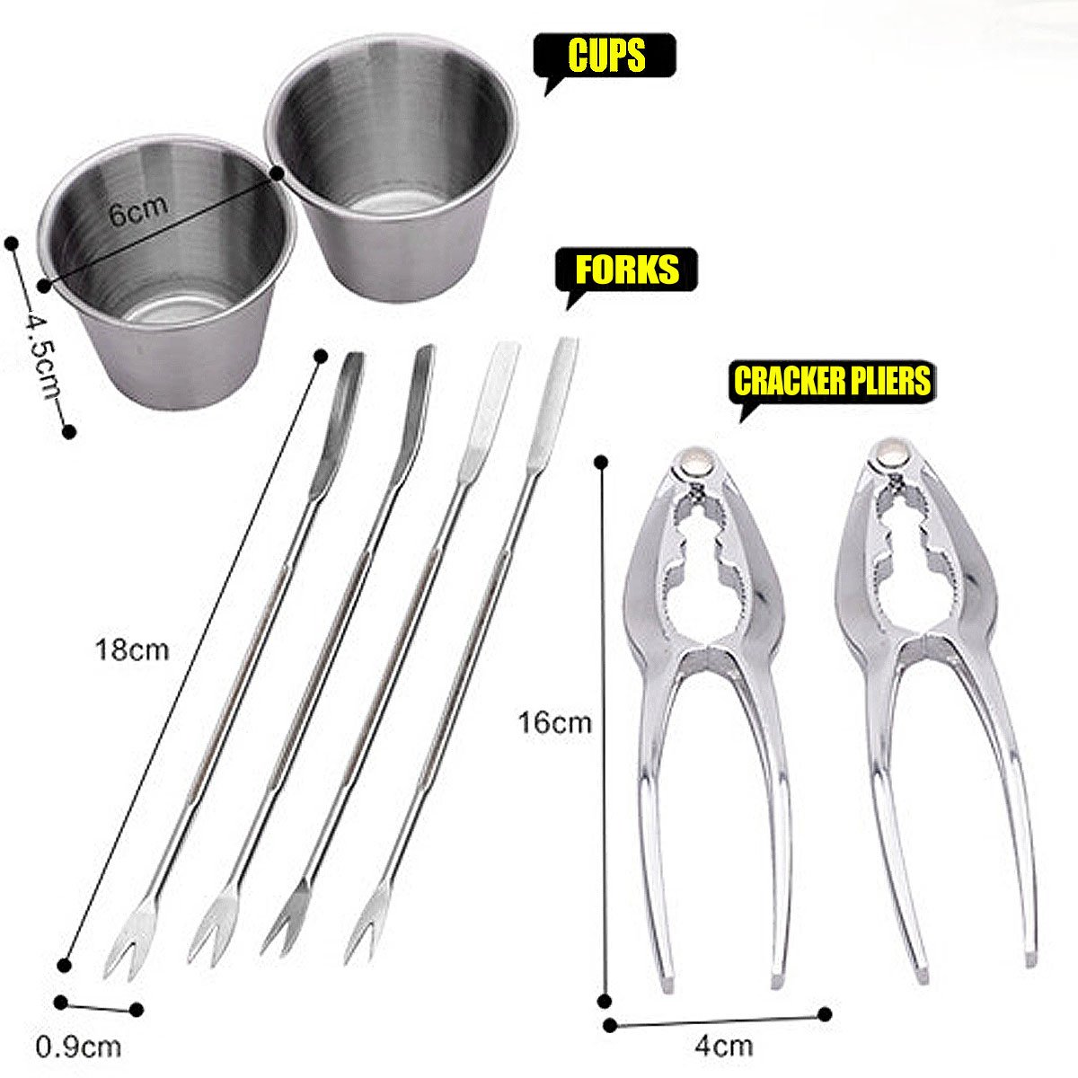 The Wolf Moon® Seafood Tool Kit, 8 Piece Includes 2 x Lobster Crackers + 4 x Stainless Steel Seafood Forks + 2 x Stainless Steel Individual Condiment Sauce Cups