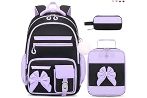 DIGOBAY Backpack for Girls, 3PCS Girls Backpack for School with Lunch Bag Pencil Case, Cute Kids Bookbag Teens Backpack for Kindergarten Elementary Preschool Middle School (Black-Purple)