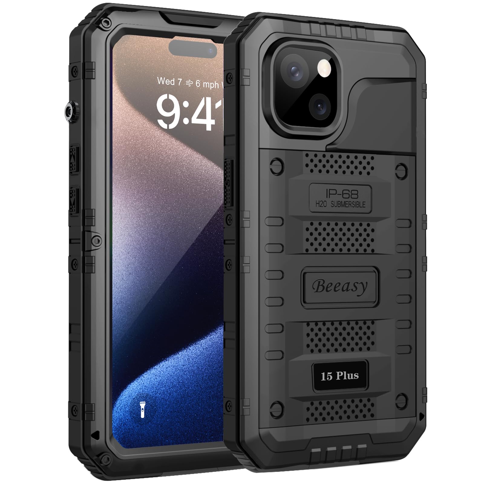 Beeasy for iPhone 15 Plus Case Waterproof Heavy Duty Tough Metal Armour Cover Shockproof Dustproof Built-in Screen Protector, Robust Full Body Protective Military Rugged Case for 15 Plus 6.7inch