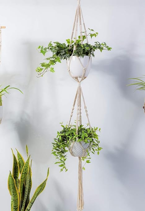 ecofynd Macrame 2 Pot Cotton Plant Hanger | Rope Flower Pot Holder for Indoor Outdoor Balcony Gardening (M16, Pack of 1, 59 inches)