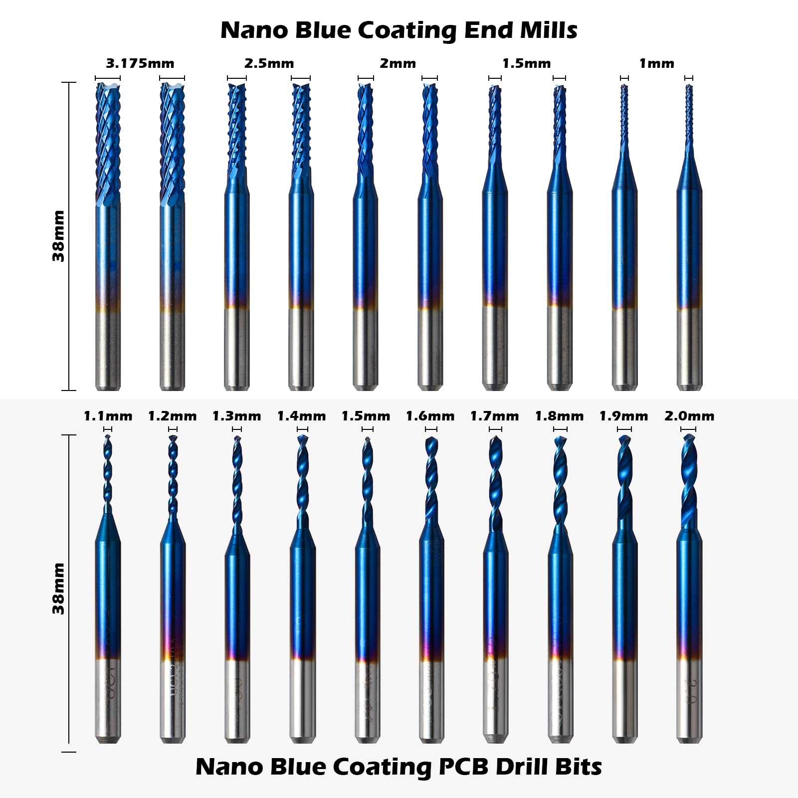 50pcs Tungsten Carbide End Mill Router Bits, 1/8'' Shank CNC Bit Set Including 2-Flute Straight Bit, Flat Nose & Ball Nose End Mill, PCB Drill & V-Groove Engraving Bits, Nano Blue Coat, MC50A