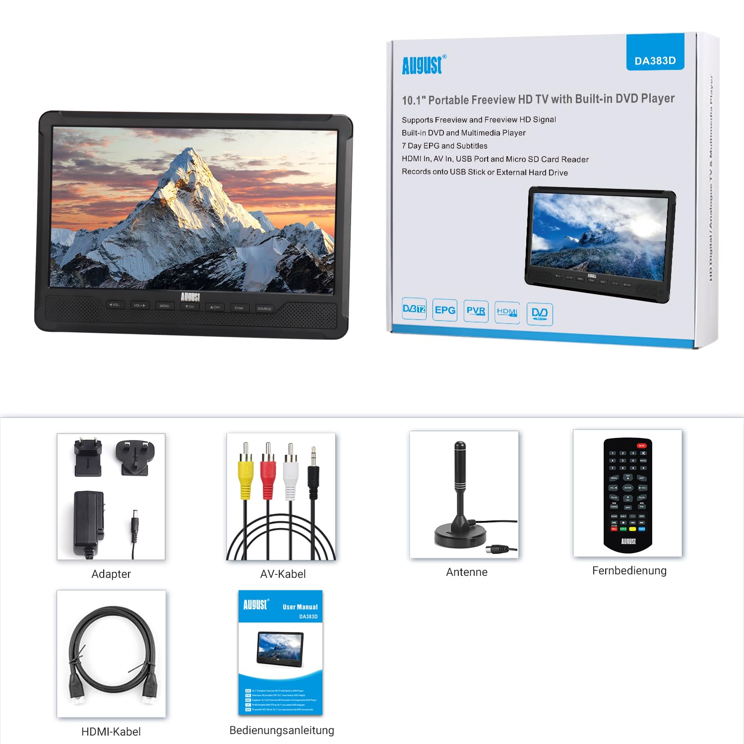 August DA383-10“ tragbarer HD Fernseher mit DVD Player&integriertem Akku-DVB-T2 mini LCD TV mit EPG/Aufnahmefunktion (PVR), CD/DVD/USB/SD-Karte, HDMI, AV - Aux-Ausgang Perfekt für Wohnwagen Zuhause 7