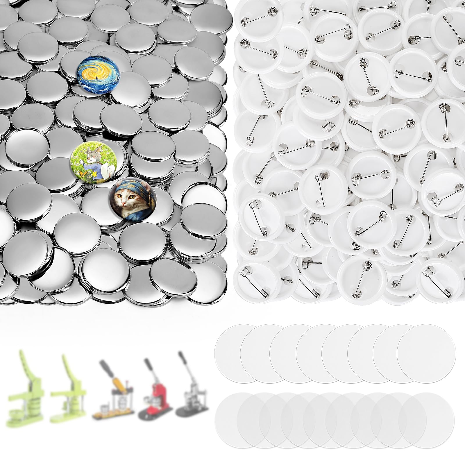 Photo 1 of  1.25 Inch Button Maker Supplies, 32mm Round Badge Parts with Metal Covers, Plastic Pin Backs, Clear Film & Blank Paper, Perfect for Button Maker Machine & Badge Press