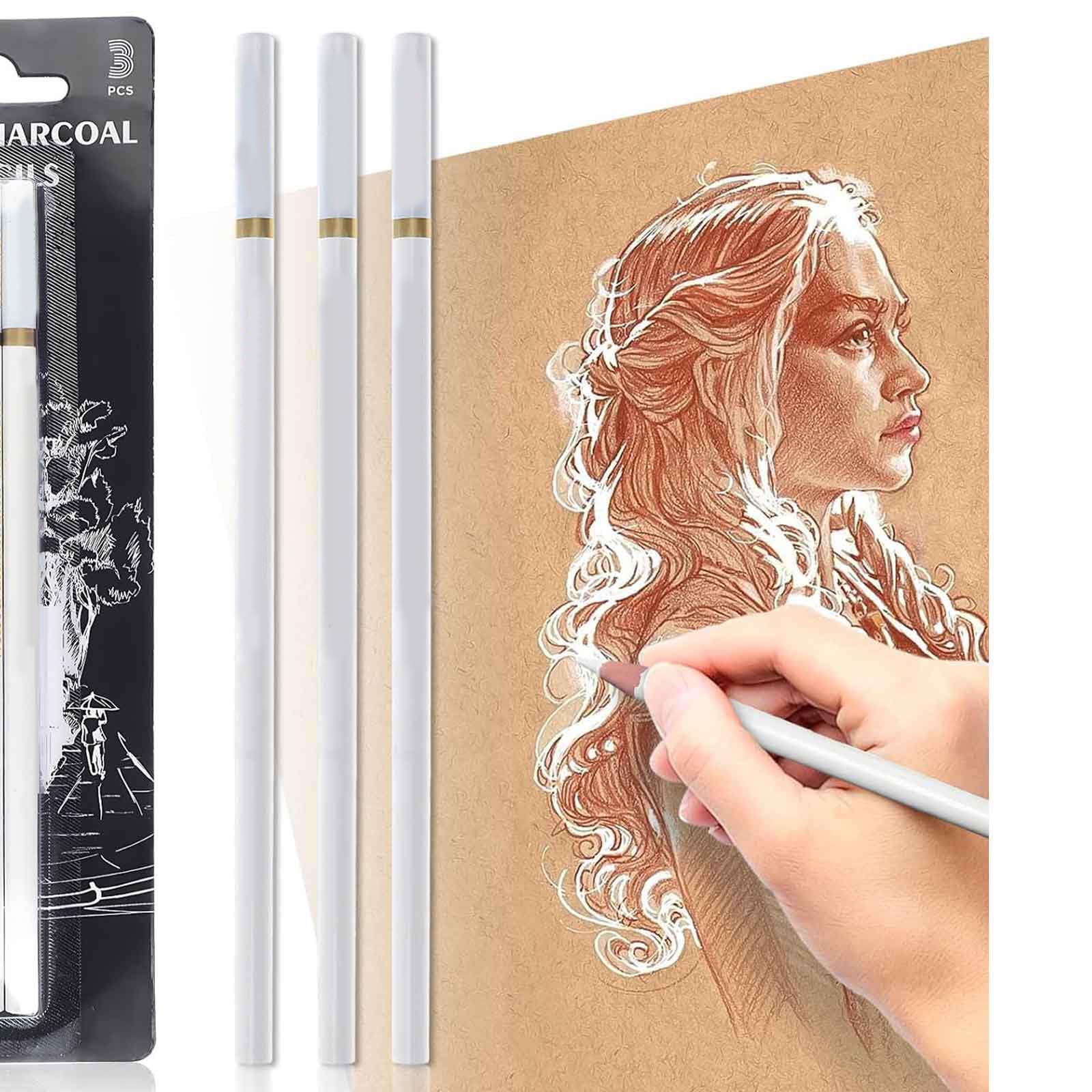 RSYHVG Artist White Charcoal Pencils – Soft Sketch & Highlight Drawing Pencils for Beginners, Students, Designers (Set of 3)