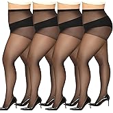MANZI Women's Plus Size Pantyhose 4 Pairs Sheer Nylon Tights