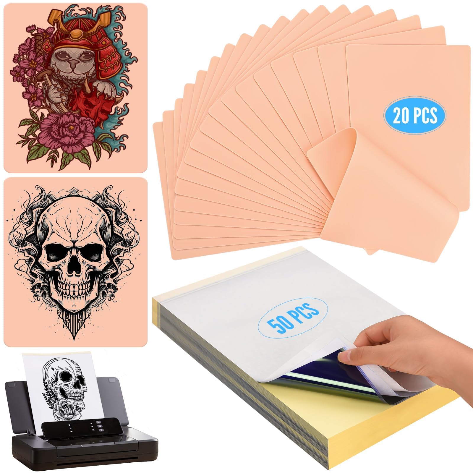 70 Pcs Tattoo Skin Practice Kit, Include 20 Pcs Tattoo Practice Skins & 50 Pack Tattooing Transfer Paper for Beginners Fake Skin Tattooing (7.5 x 5.8/11.6 x 8.2 IN)