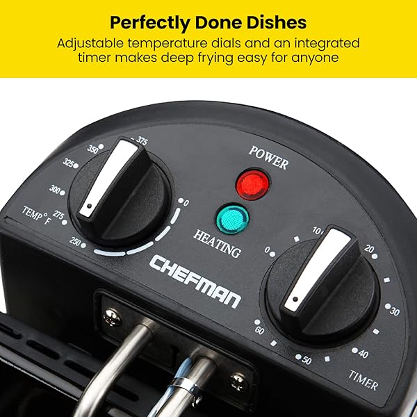 CHEFMAN 4.5 LITER DEEP FRYER W/BASKET STRAINER, XL JUMBO SIZE, ADJUSTABLE TEMPERATURE & TIMER, PERFECT FOR FRIED CHICKEN, SHRIMP, FRENCH FRIES, CHIPS & MORE, REMOVABLE OIL-CONTAINER, STAINLESS STEEL