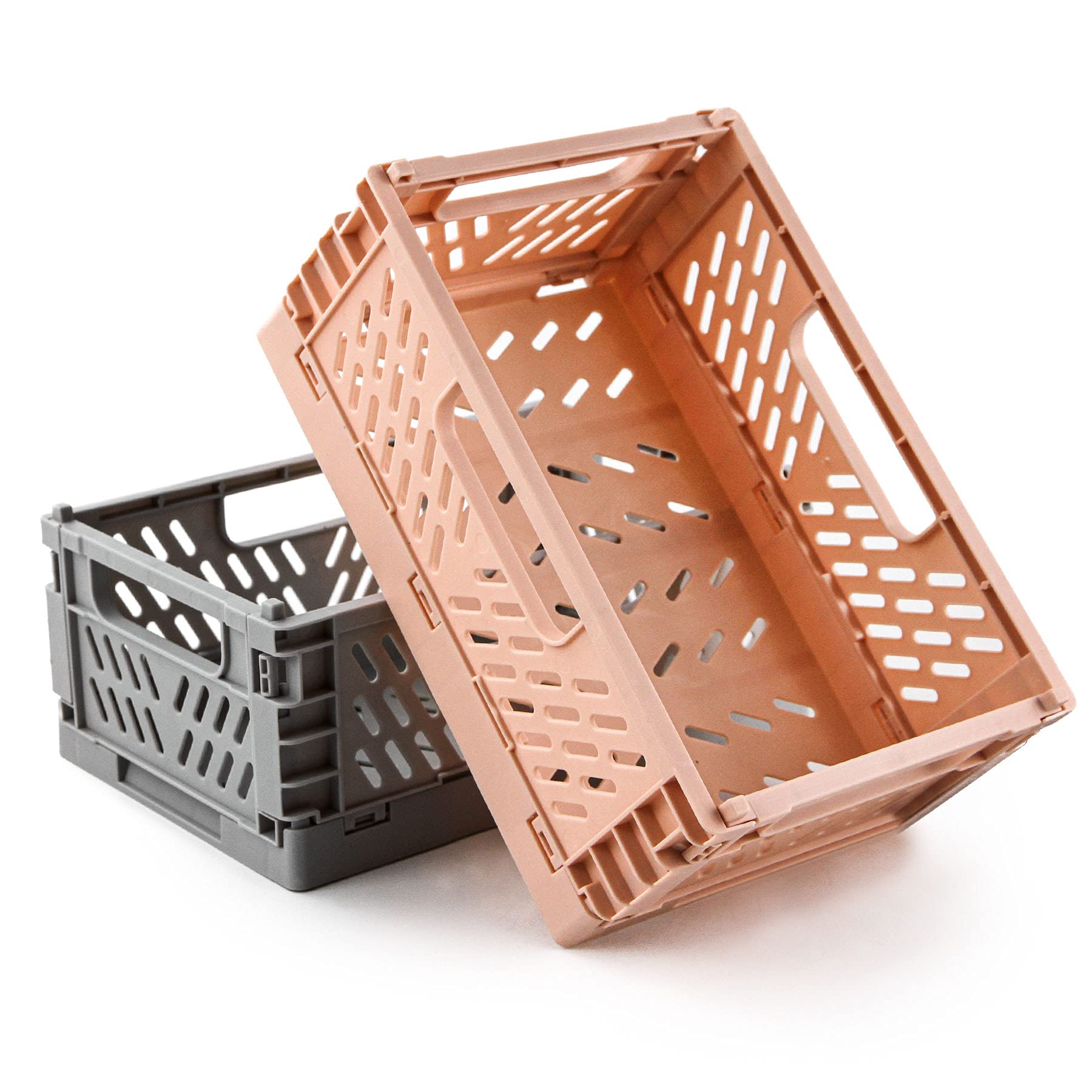 Spesh 2 Pcs Collapsible Crates Storage Boxes Stackable Storage Baskets Plastic Folding Crate Boxes with Handles for Kitchen,Living Room,Office(22*15*9cm,Pink+Grey) — image 1