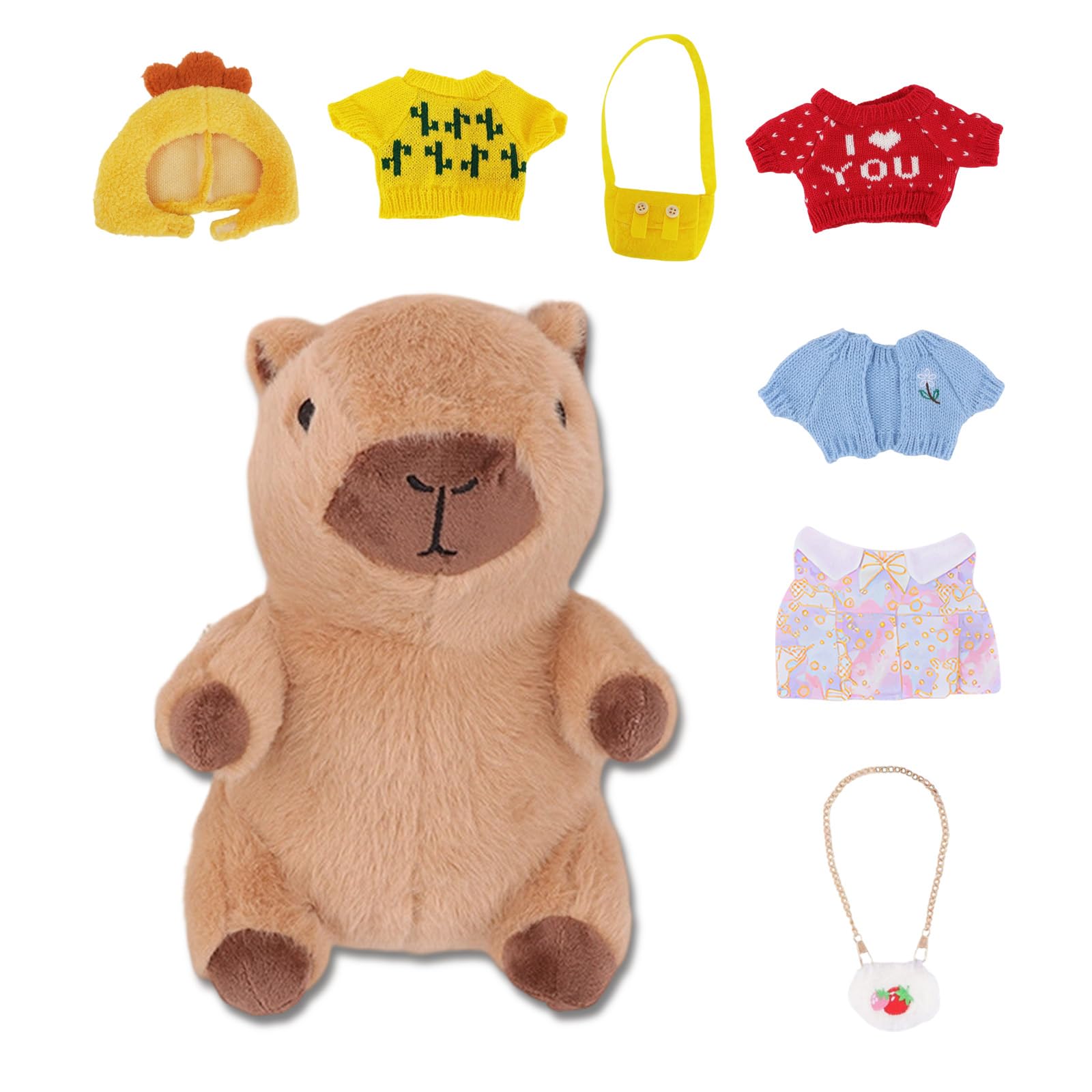 Capybara Plush, 8-Piece Complete Dress Up Set with 1 Plush Toy & 7 Changeable Outfits Bags Hats Capybara Clothes, Capybara Teddy for Kids Boys Girls Birthday Christmas Role Play Home Decor 25cm