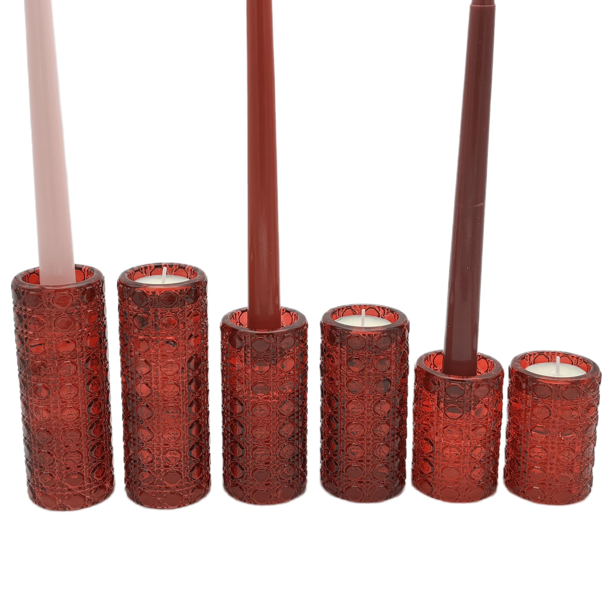 Red Glass Candle Holders Set, 6 Pack Clear Candlestick Holders 3 in 1 Crystal Candleholder Pillar Candle Stands, Tealight & Votive Candle Holder Home Decor Table Centerpieces Christmas Wedding