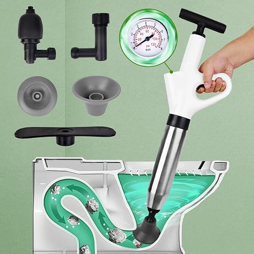 High-Pressure Air Drain Blaster Gun - Toilet Plunger Alternative With 4 Attachments For Sinks, Showers & Drains