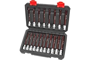 LLNEDL 3/8 Inch Drive Long Allen Hex Bit Socket Set, 19-Piece Hex Head Standard SAE & Metric Sockets (1/8"-3/8", 3-12mm), S2 Alloy Steel Durable Tools for Mechanics