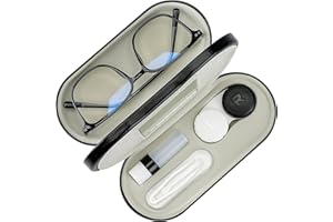 Zettokete 2 in 1 Contact Lens Case and Glasses Case,Double Sided Dual Use Design with Mirror, Tweezer and Contact Lens Solution Bottle,Portable Soak Storage Kit for Travel,Office(Black)