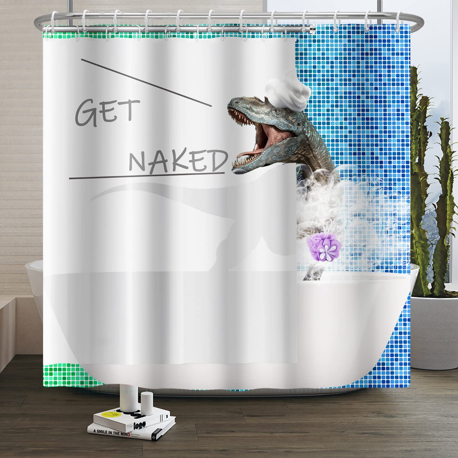 SDOTPMT 180x210cm Get Naked Shower Curtain Funny Dinosaur Animal Showering Bath Curtain Blue Geometric Checked Splicing White Bathtub Curtain for Kids Boy Bathroom with Hooks