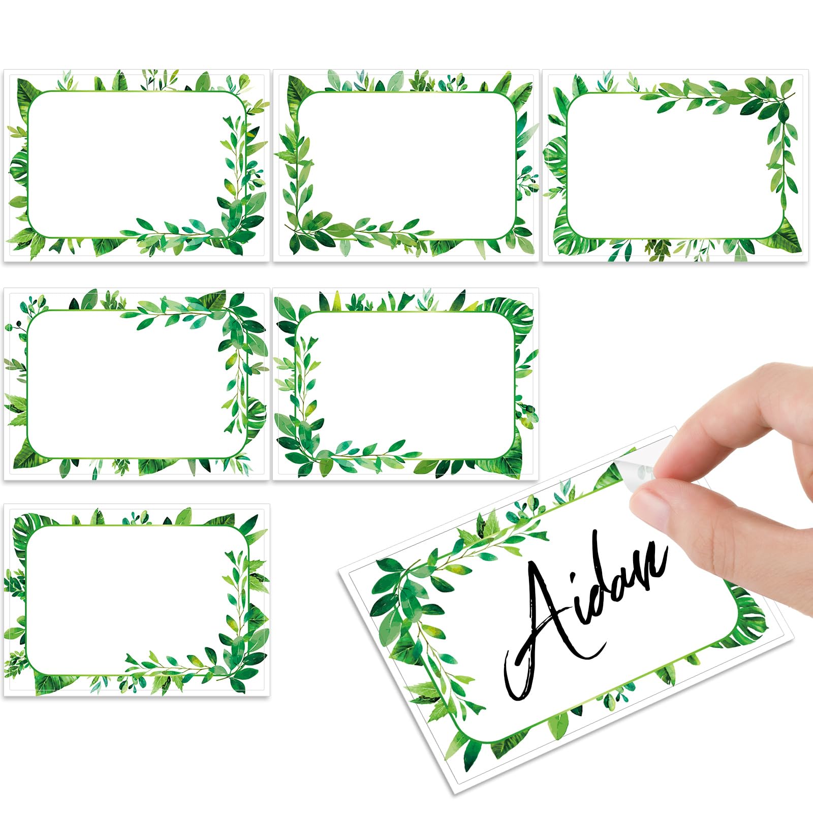 Photo 1 of Engrowtic 240 Pcs Greenery Name Tags Stickers Summer Green Leaves Border Tag Labels Party Name Tag Personalized Tags for Themed Party Office Home, 3.5 x 2.4, 6 Styles
