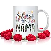 MAUAG "MAMA Ceramic Flower Mug Christmas with Handmade Crochet Rose Coaster – 1st Mother’s Day Gift – 11oz Tea/Coffee Mug with Floral Design for Moms