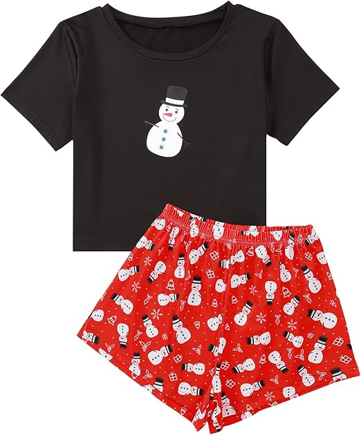 Weihnachts Schlafanzug Damen - Schneemann Print Pyjama Mit Kurzarm Top & Shorts