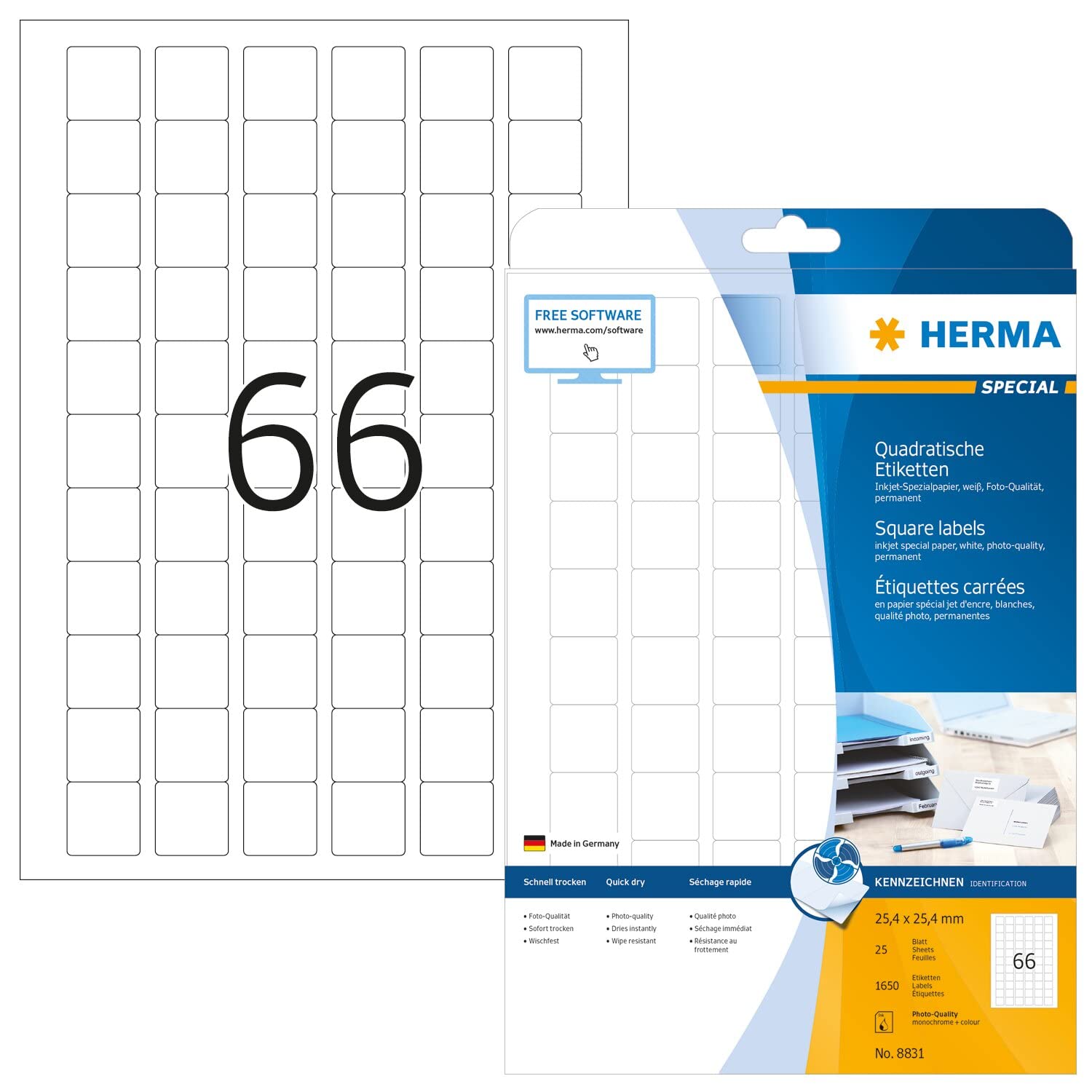 HERMA Self Adhesive Multipurpose Inkjet Labels, 66 Labels per A4 Sheet, 25 Sheets, 25.4 x 25.4 mm, 1650 Labels, Blank Universal Labels Stickers, Sticky Labels for Inkjet Printer, White