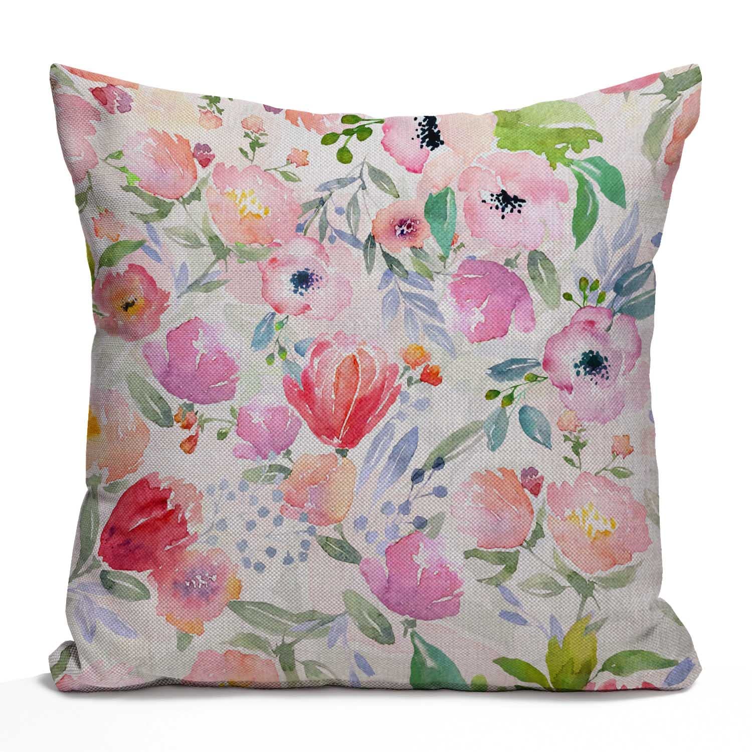 Tomda Watercolor Flowers Print Farmhouse Décor Colorful Vintage Floral Decorative Cushion Cover Throw Pillow Cover Cotton Linen Sofa Couch 45x45cm 18x18 Inch