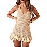 SHENHE Women's Crochet Halter Mini Dress Knit Bodycon Backless Ruffle Outfits Dresses