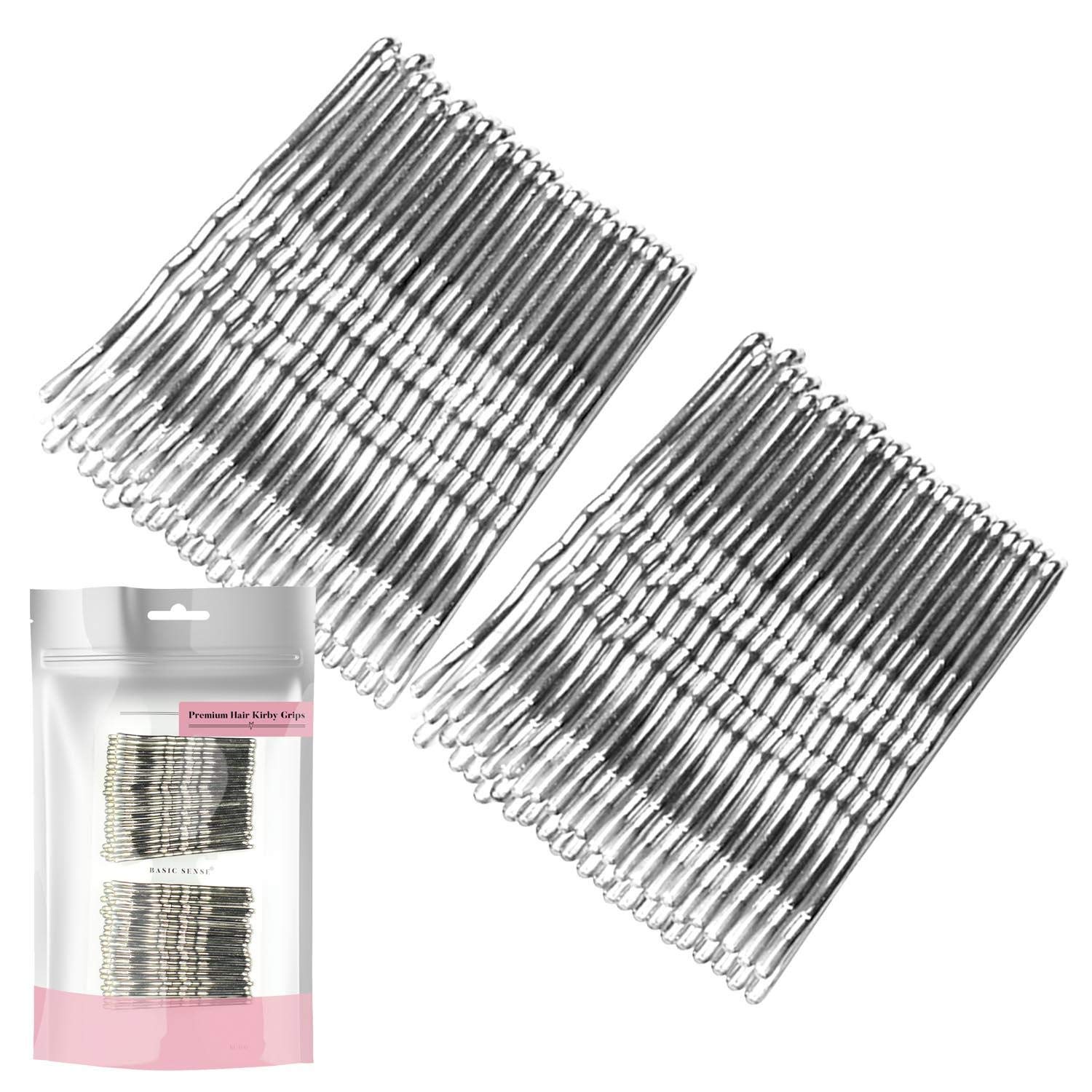 BasicSense 48 PCS Essential Strong Sturdy Wavy Kirby Metal Bobby Pins Grips Hairpins, 5cm(2 inch), Silver