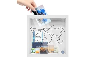HVIWW Adventure Archive Box, Travel Shadow Box Frame, Memory Box for Keepsakes, Ticket Collection Holder with Slot, Hang Memorabilia, Awards, Wedding, Tickets, and Photos (White, 8x8")