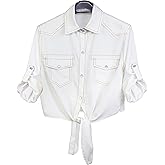 Omoone Women's 3/4 Sleeve Modern Denim Crop Top Tie Knot Shirt Cardigan