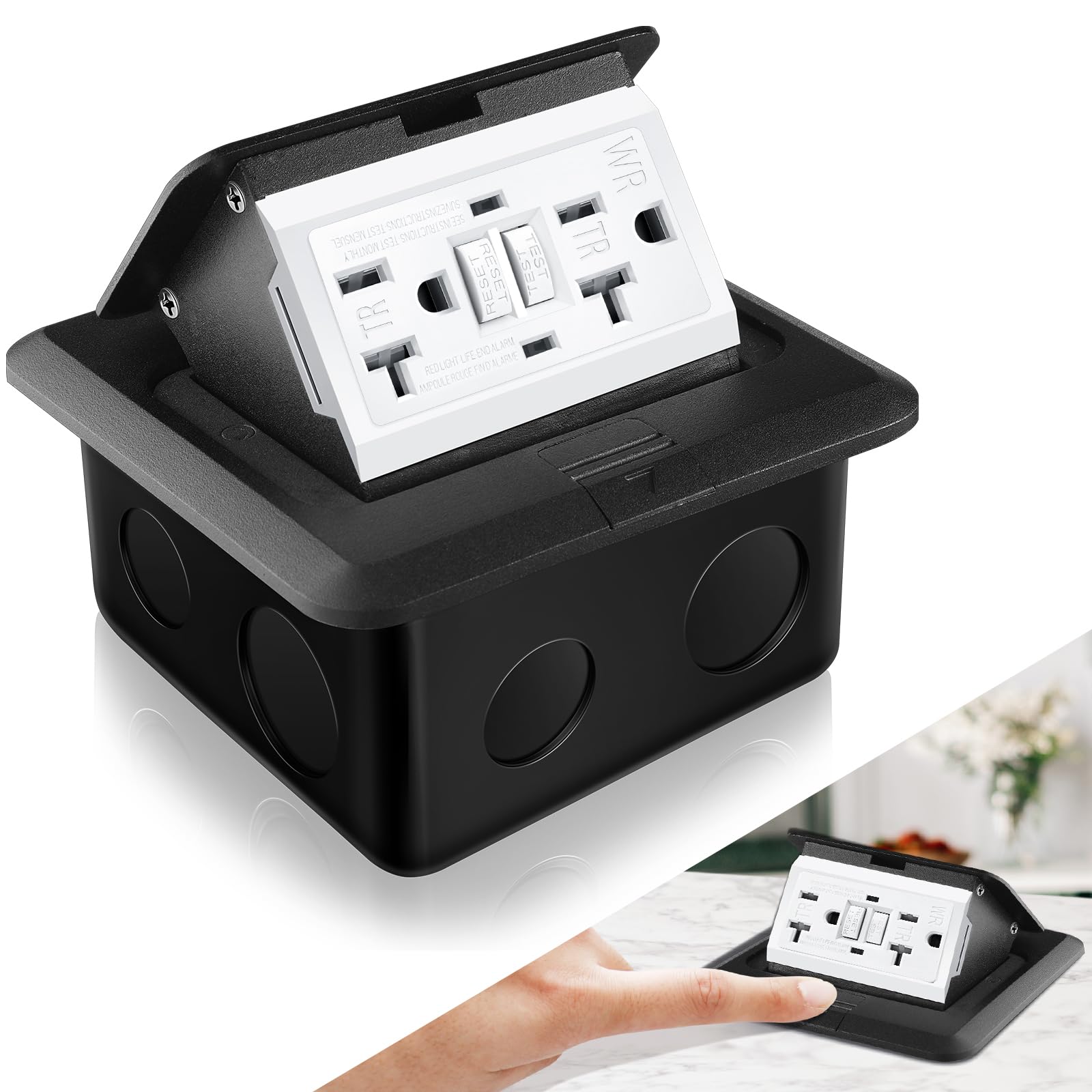 Photo 1 of Hoolerry Pop up Floor Outlet Floor Kit Waterproof Self-Test GFI Electrical Outlet 20 Amp GFCI Tamper-Resistant Receptacle Cover Box with LED Indicator for Countertop Office Home, UL Listed (Black)