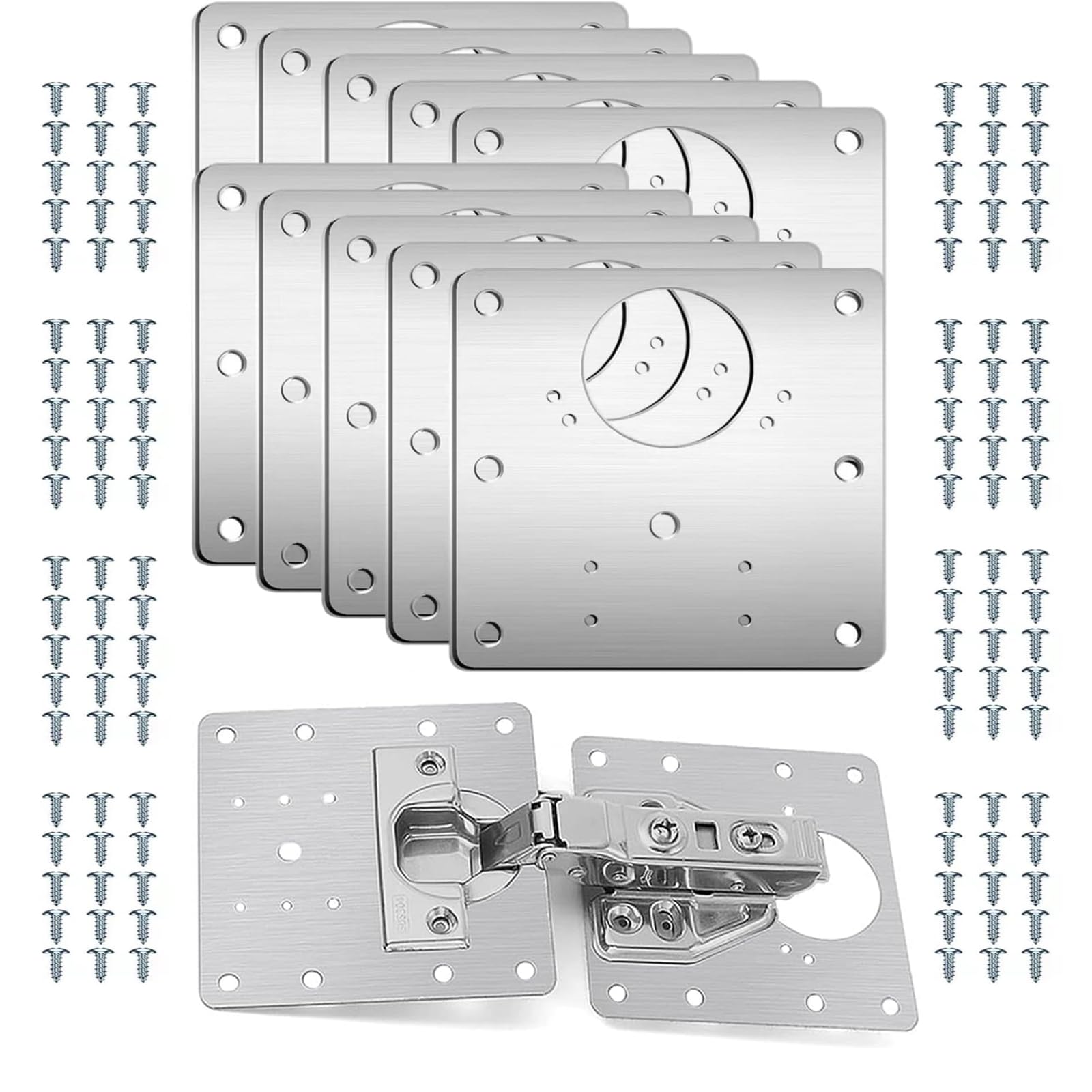 10 PCS Hinge Repair Plate,Brushed Stainless Steel Cabinet Hinge Fixing Plate Bracket kit with Mounting Screw for Furniture and Kitchen Cabinet Door(10 pcs+60 Screws)