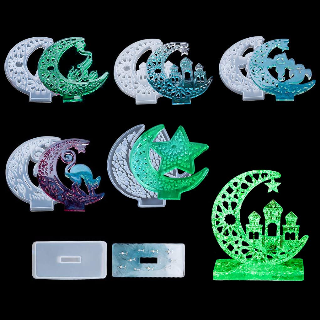 FineInno Crescents Mould Epoxy Resin Mould, Halloween Silicone Mould, Moon Ghost Cat Mould with Stand Box, Epoxy Casting Mould for DIY Crafts Table Home Decoration