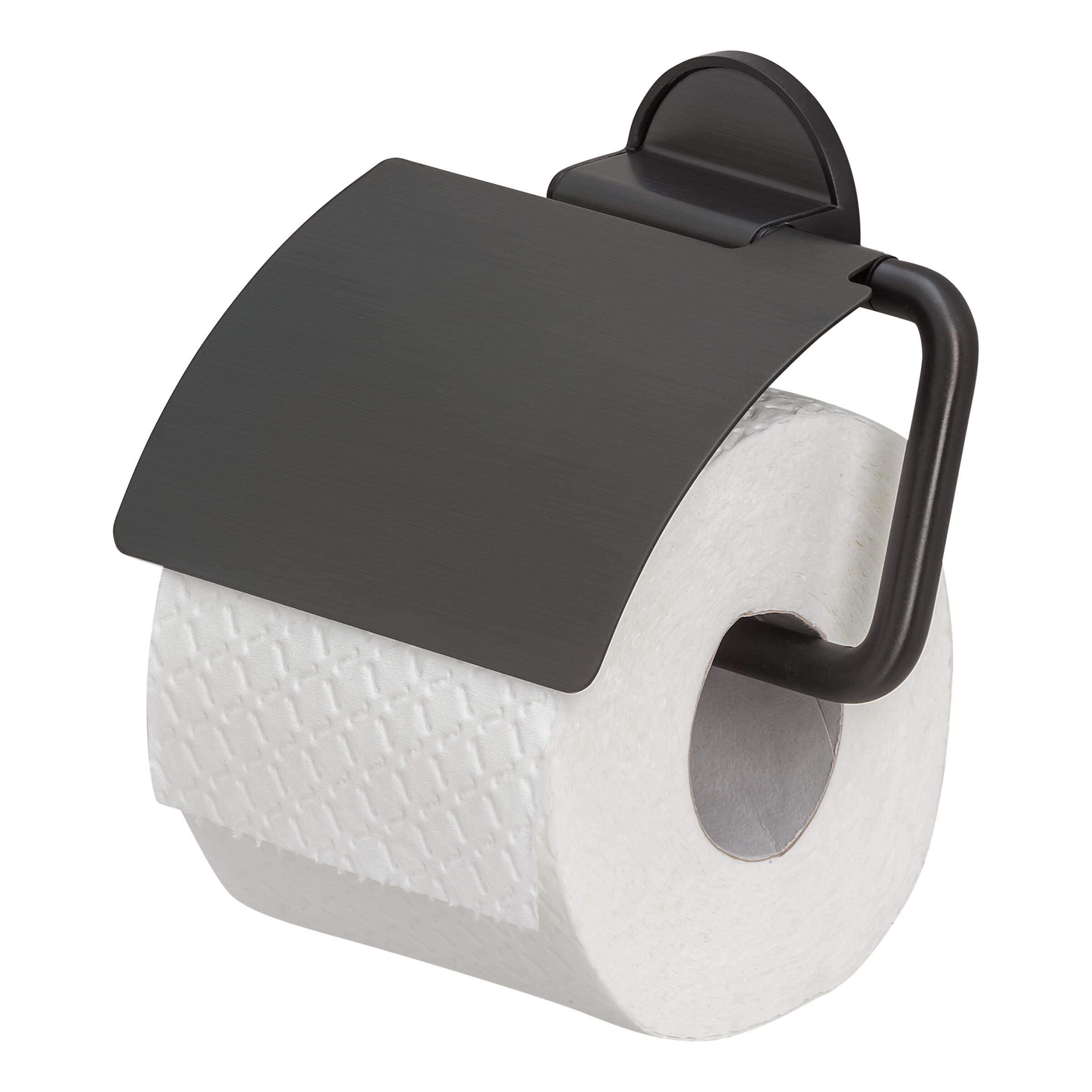 Tiger Tune Toilet Roll Holder, No Drilling Required Thanks to 3M Self-Adhesive Backing System, Optional Mounting with Screws and Plugs, Stainless Steel, Black, 15 x 12.3 x 3.3 cm