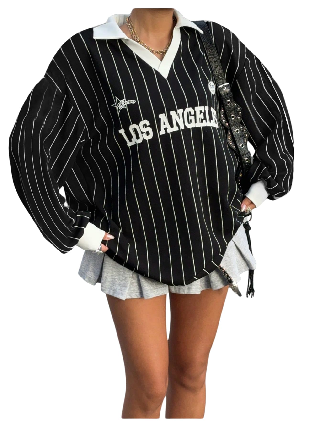 SOLY HUX Women's Oversized Tees Striped Letter