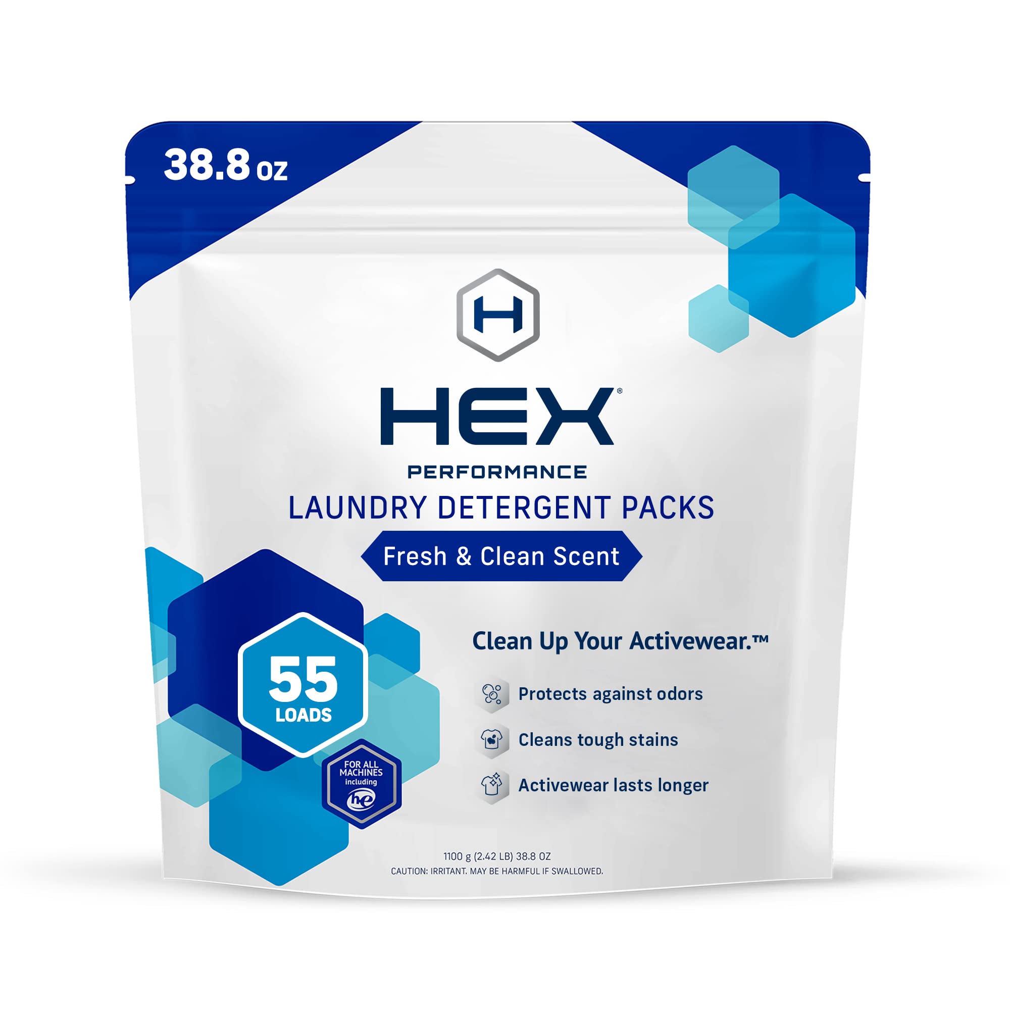 HEX Performance Laundry Packs, Fresh & Clean, 55ct - Designed for Activewear, Eco-Friendly