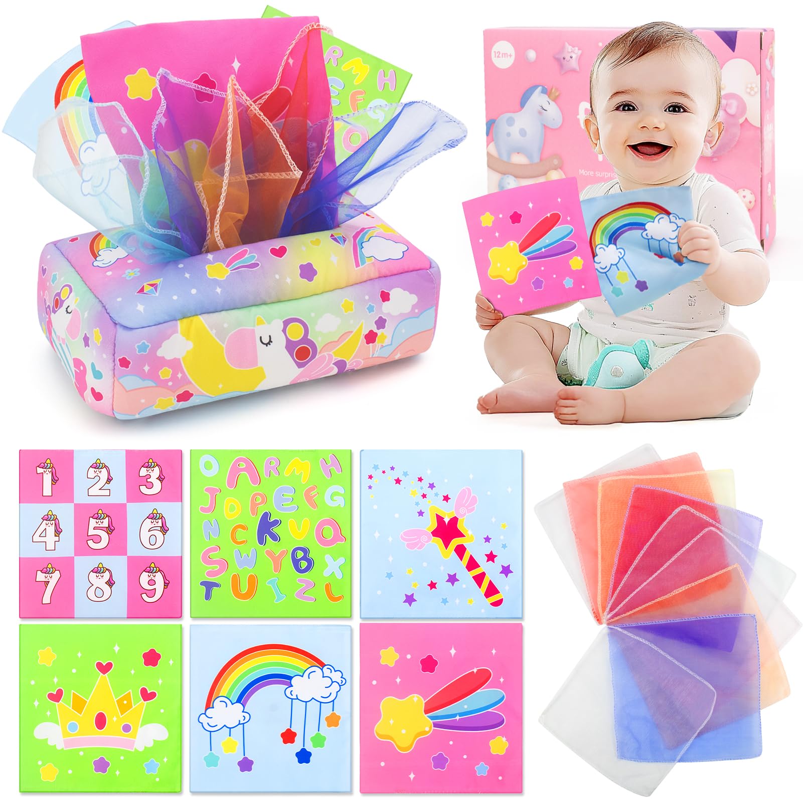 usrela Baby Toys 6-12 Month - Tissue Box Toy, Montessori for Babies 9 18 Months, Unicorn Tissue Learning Toys with Alphabet Number Color Sound, Baby Sensory Toys Gifts for 6 9 12 18 Months Old
