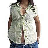 Womens Y2k Striped Button Down Shirt Collared Short Sleeve Slim Fit Blouse Tight Work Office Tops Streetwear Undershirt