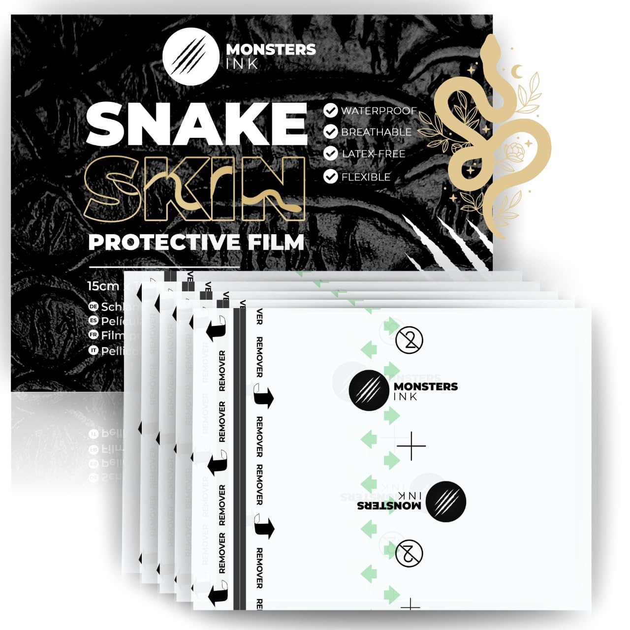 Monsters Ink Matte Second Skin Tattoo Cover Aftercare Bandage, Tattoo Wrap Film, Protection Film & Waterproof Dressings (15cm x 10cm (5 Sheets))
