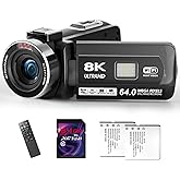 8K Video Camera - UHD 64MP Camcorder with 64GB SD Card & WiFi 18X Digital Zoom Vlogging Camera with IR Night Vision for YouTube, 3" Touch Screen with Fill Light, Lens Hood, Remote and 2 Batteries