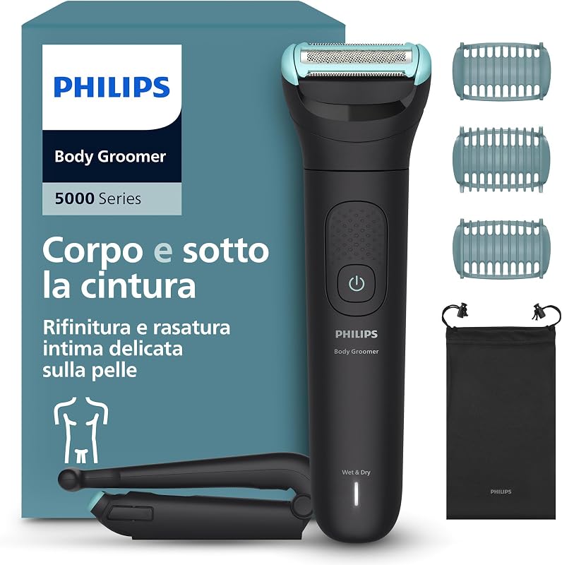 Bodygroom series 5000 - Rifinitore per uomo tripla protezione, Rifinitura e rasatura intima, Accessorio per la schiena pieghevole, Impermeabile 100%, 100 minuti di autonomia, Modello BG5480/15