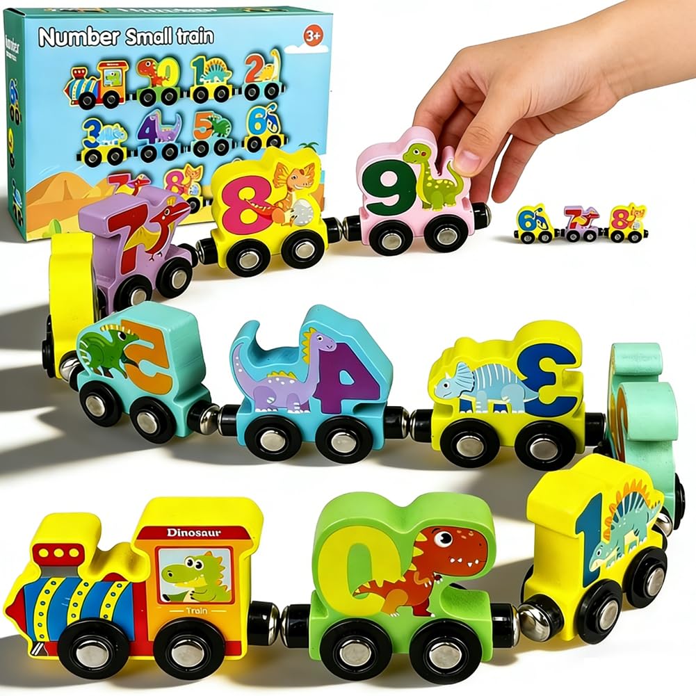 Dinosaur Train Set,Wooden Train Toys for Toddlers, Animals Track Mat Set Birthday Presents for Toddlers,Learning & Development Toys for Toddler Boys Girls - A