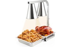 Restlrious Food Heat Lamp Freestanding Commercial Portable Food Warmer with 2 Half-Size Food Pans, Stainless Steel 120V Electric Food Heat Lamp with 2 Bulbs - 250W Each, Fan-Shaped Lampshade