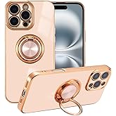 EYZUTAK Case for iPhone 16 Pro Max, Phone Case with 360° Rotatable Finger Ring Holder Kickstand Magnetic Car Mount Supported Shiny Plating Gold Edge Slim Soft Silicone Protective Cover - Light Pink