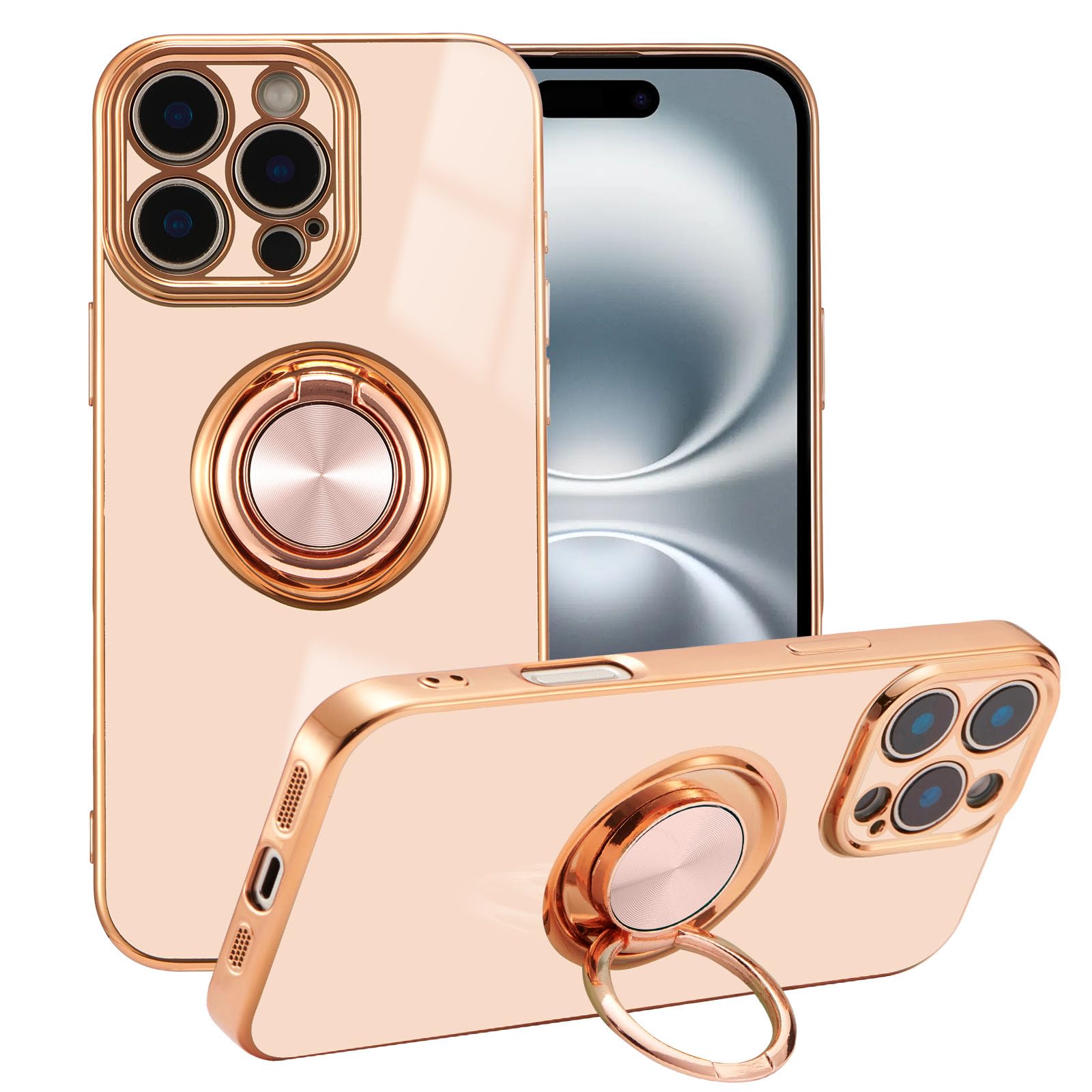 EYZUTAK Electroplated Magnetic Ring Holder Case for iPhone 16 Pro, 360 Degree Rotation Metal Anti-fall Finger Ring Kickstand Magnet Car Holder Slim Soft Silicone Shockproof Cover - Light Pink