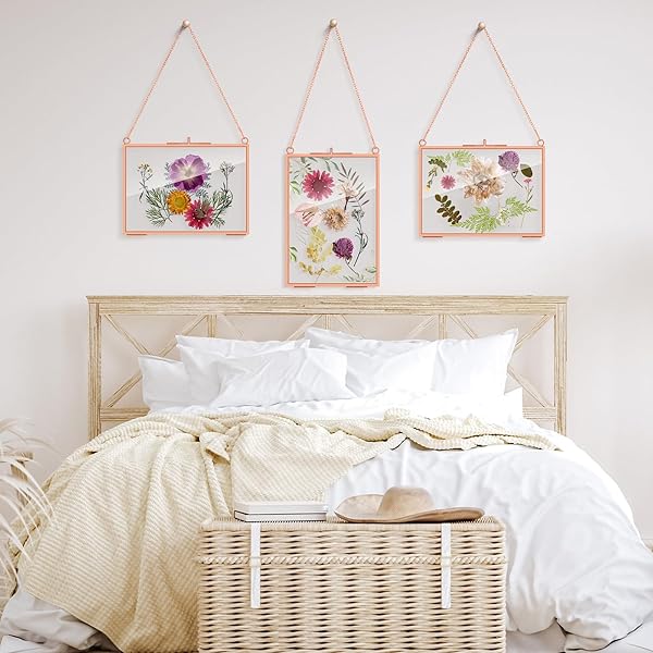BARYDAT 12 PACK PRESSED FLOWERS GLASS FRAMES, 5 X 7 INCH BRASS HANGING FLOATING FRAME WITH CHAIN, DOUBLE GLASS PHOTO DISPLAY FOR DRIED FLOWERS, PLANT SPECIMEN, ARTWORK DISPLAY (ROSE GOLD)