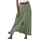 YMING Womens Button Front Flowy Maxi Skirt A Line Cotton Linen Skirts Casual Pleated Long Skirt