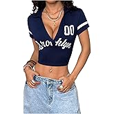 MakeMeChic Women's Letter Print Deep V Neck Crop Tops Short Sleeve Fitted Y2k Tee Shirt