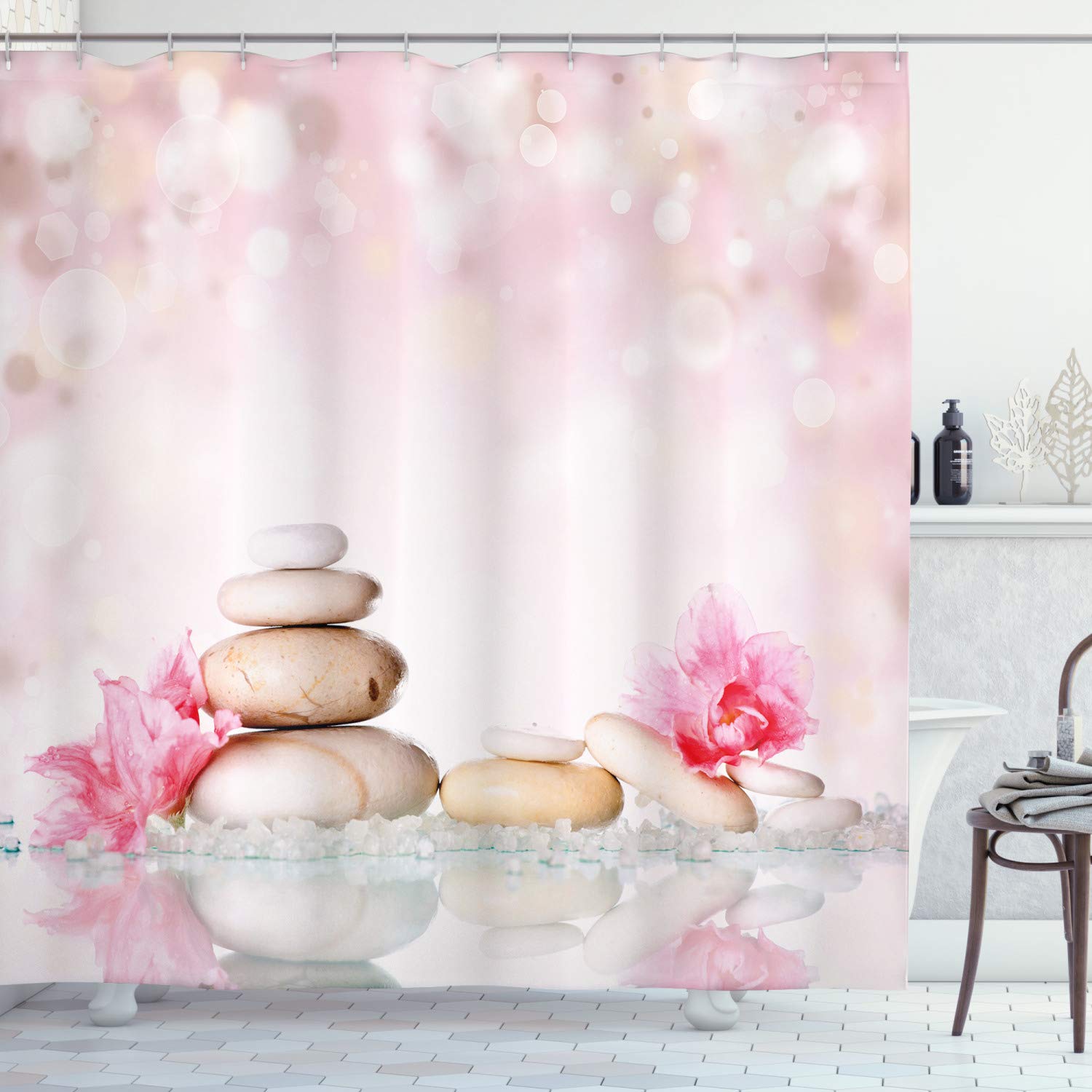 ABAKUHAUS Spa Shower Curtain, Bohemian Stones and Soft Petals Therapy Tradition Chakra Yoga Picture, Cloth Fabric Bathroom Decor Set with Hooks, 86 Inches Extra Long, Pale Pink Peach
