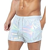 Casey Kevin Men's Holographic Metallic Short Sparkly Shiny Short Pants Rave Outfit Hot Shorts with Pockets and Drawstrings