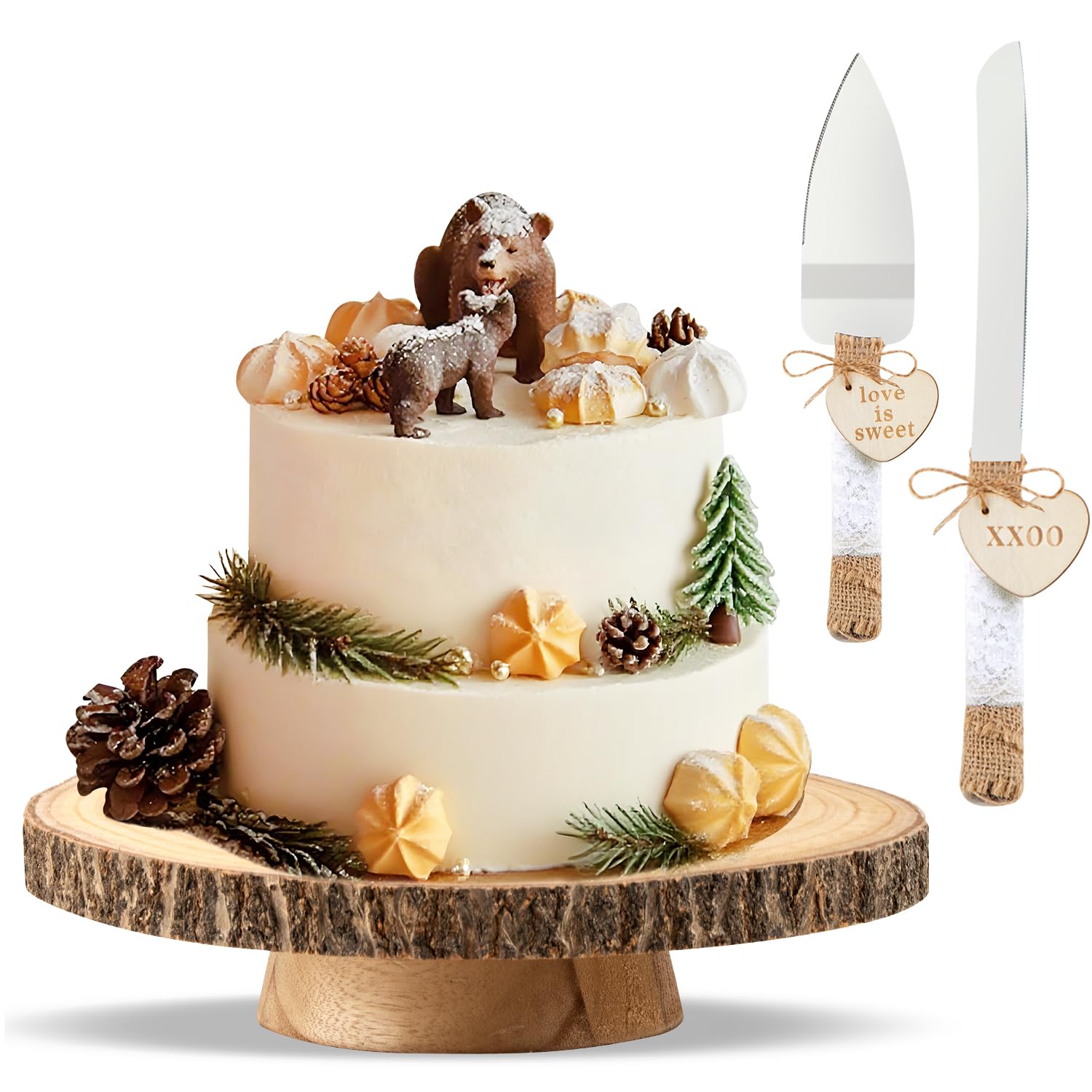 Photo 1 of YICMY 11.5"-12.5" Wood Cake Stand with Cake Cutting Set (Knife and Server) - Rustic Wooden Cake Holder for Decorating, Party, Wedding, Baby Showers, Reception, Event - Ideal Baking Gift & Home Decor