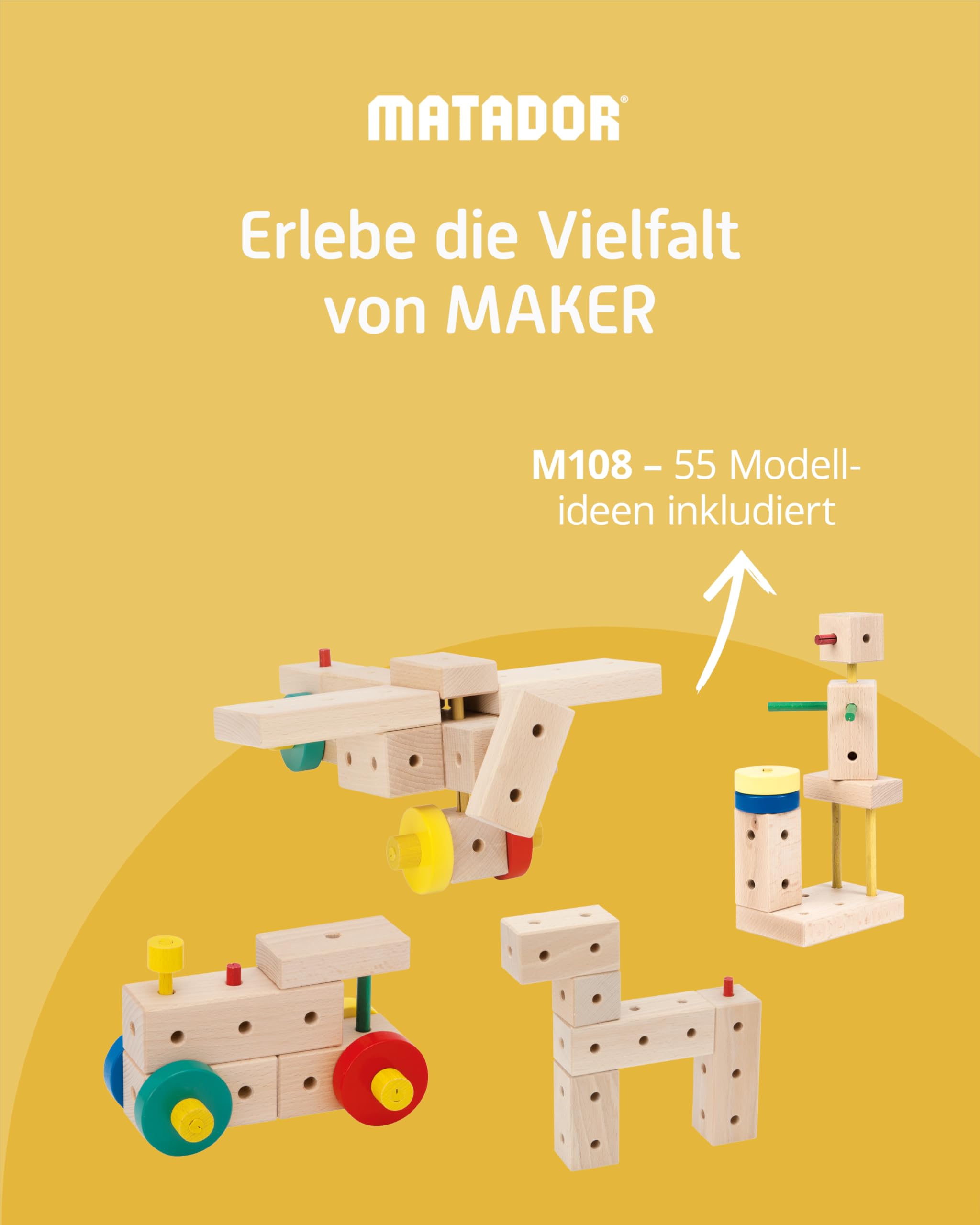 Matador Kinder Baukasten ab 3 Jahren 108-tlg. - Spannendes Holz Konstruktionsspielzeug zur Schulung von Kreativität und Feinmotorik, Bauspielzeug mit Stäbchen, Klötzen, Hammer & Zange 5