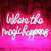 whungfa Where The Magic Happens Neon Sign for Wall Decor USB Powered Dimmable Pink Word Letter Led Light Up Signs for Bedroom Men Cave Home Bar Salon Wedding Party Decor Birthday Xmas Gifts for Kids